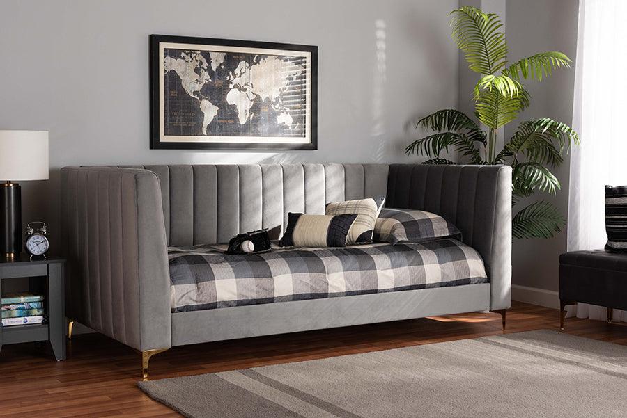 Wholesale Interiors Daybeds - Oksana Modern Contemporary Grey Velvet and Gold Twin Size Daybed