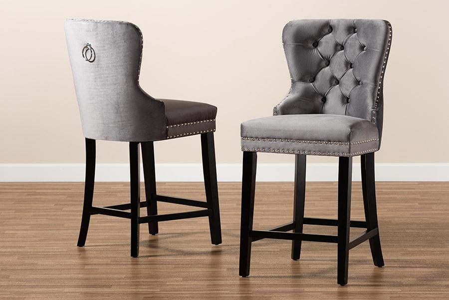 Wholesale Interiors Barstools - Howell Modern Grey Velvet Upholstered and Dark Brown Finished Wood 2-Piece Counter Stool Set