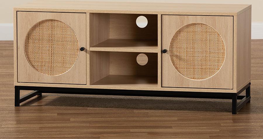 Wholesale Interiors TV & Media Units - Ardon Bohemian Light Brown Wood and Black Metal 2-Door TV Stand with Natural Rattan