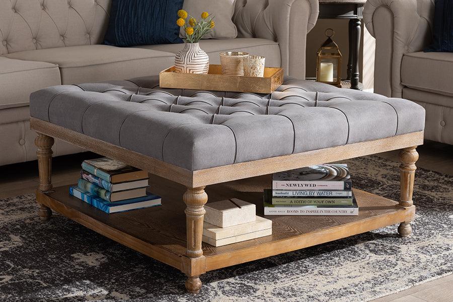Wholesale Interiors Ottomans & Stools - Kelly Modern and Rustic Grey Linen Fabric and Greywashed Wood Cocktail Ottoman