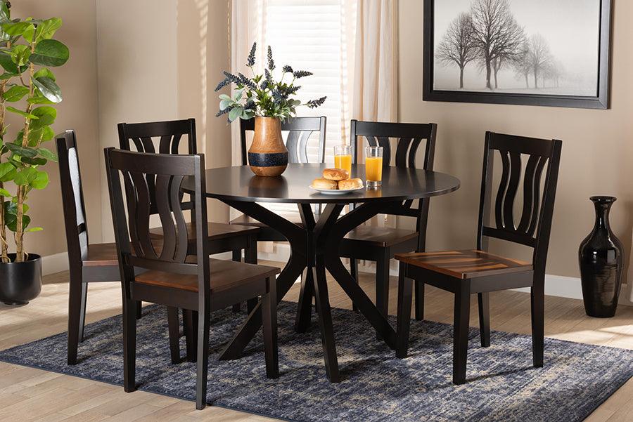 Wholesale Interiors Dining Sets - Mare Two-Tone Dark Brown and Walnut Brown Finished Wood 7-Piece Dining Set