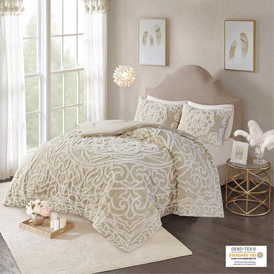 Olliix.com Comforters & Blankets - Tufted Cotton Chenille Medallion Comforter Set Taupe Cal King
