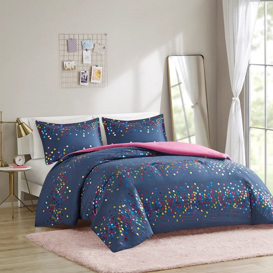 Olliix.com Comforters & Blankets - Rainbow Iridescent Metallic Dot Comforter Set Navy Twin XL
