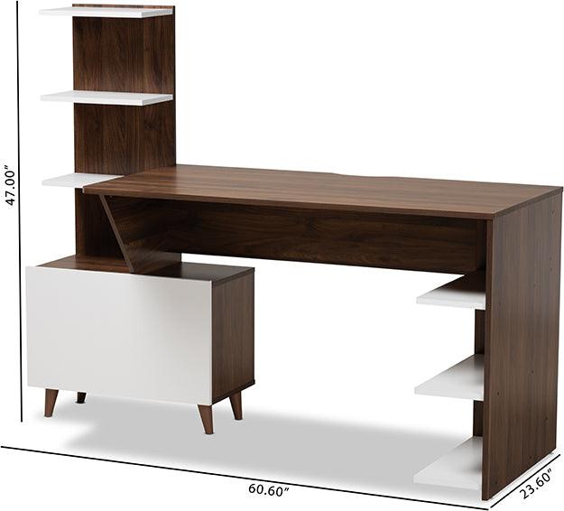 Wholesale Interiors Desks - Tobias Mid-Century Modern White and Brown Finished Wood Storage Desk with Shelves