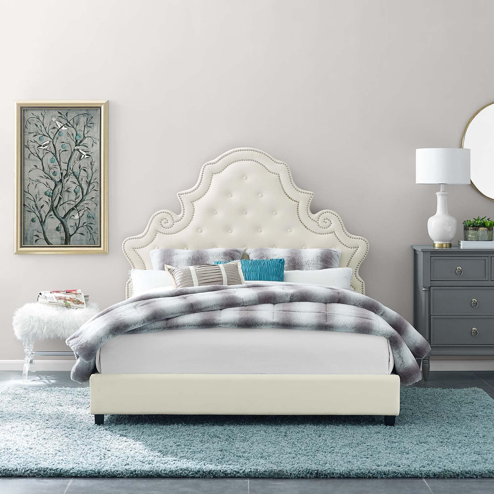 Modway Beds - Valentina Queen Tufted Nailhead Performance Velvet Platform Bed Ivory