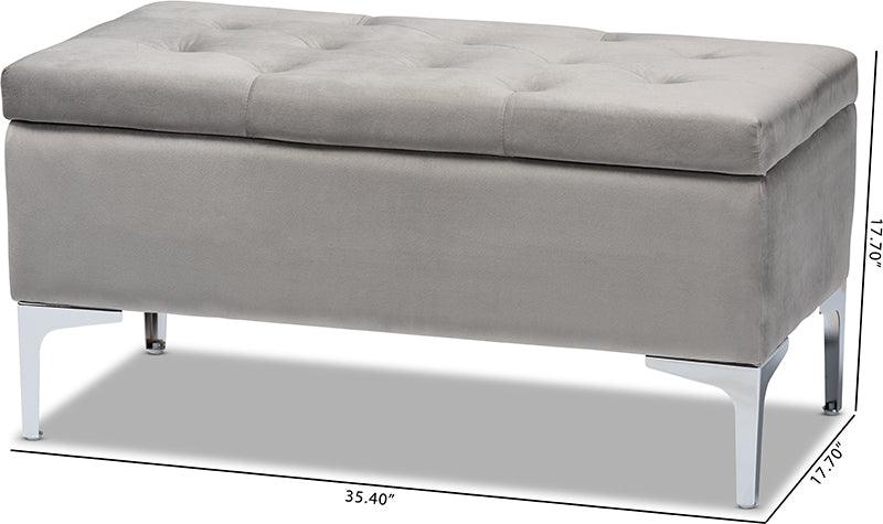 Wholesale Interiors Ottomans & Stools - Mabel Modern Transitional Grey Velvet Fabric Upholstered Silver Finished Storage Ottoman