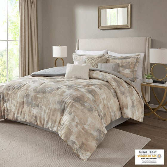 Olliix.com Comforters & Blankets - 7 Piece Textured Cotton Blend Comforter Set Gray Queen