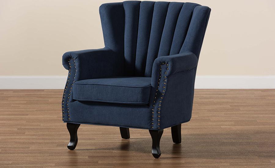 Wholesale Interiors Accent Chairs - Relena Navy Blue Velvet Fabric Upholstered and Dark Brown Finished Wood Armchair