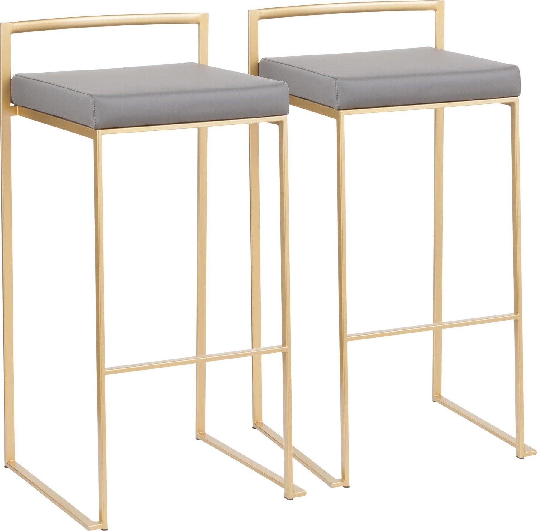 Lumisource Barstools - Fuji Contemporary Barstool in Gold with Grey Faux Leather (Set of 2)