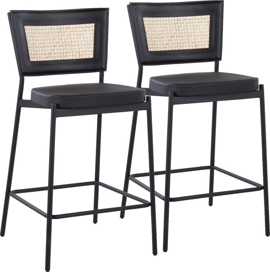 Lumisource Barstools - Rattan Tania Counter Stool In Black Metal, Black Faux Leather, & Rattan Back (Set of 2)