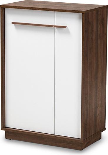 Wholesale Interiors Shoe Storage - Mette Mid-Century Modern White and Walnut 5-Shelf Wood Entryway Shoe Cabinet