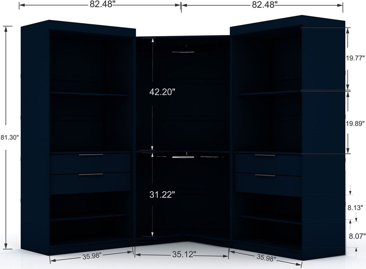 Manhattan Comfort Cabinets & Wardrobes - Mulberry 3.0 Sectional Corner Closet - Set of 3 in Tatiana Midnight Blue
