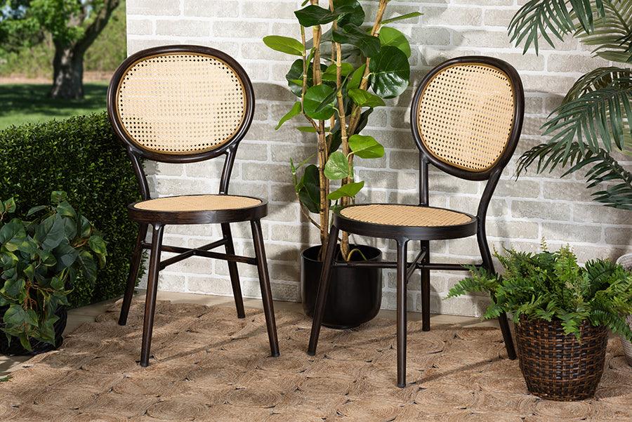 Wholesale Interiors Outdoor Dining Chairs - Thalia Modern Dark Brown Finished Metal and Synthetic Rattan 2-Piece Outdoor Dining Chair Set