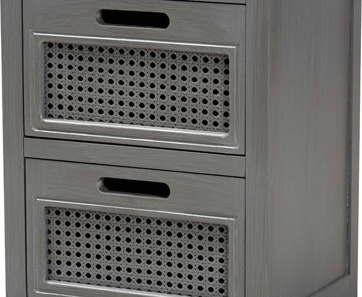 Wholesale Interiors Side & End Tables - Sheldon Vintage Grey Finished Wood and Synthetic Rattan 3-Drawer End Table