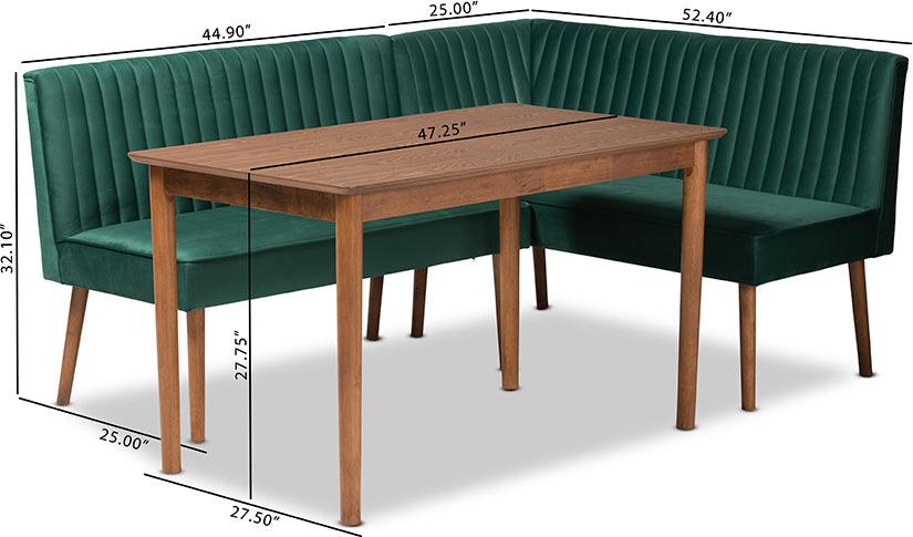 Wholesale Interiors Dining Sets - Alvis Emerald Green Velvet Upholstered and Walnut Brown Finished Wood 3-Piece Dining Nook Set