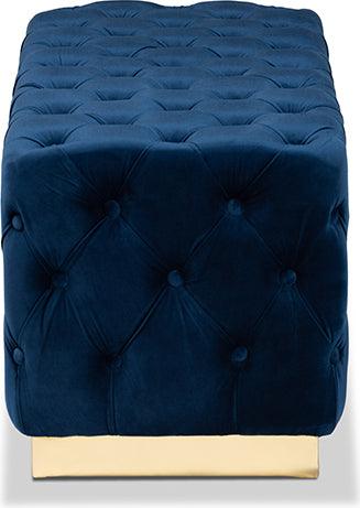 Wholesale Interiors Ottomans & Stools - Corrine Glam and Luxe Navy Blue Velvet Fabric Upholstered and Gold PU Leather Ottoman