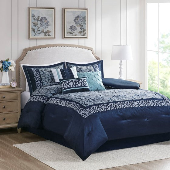 Olliix.com Comforters & Blankets - 7 Piece Jacquard Comforter Set Navy Queen
