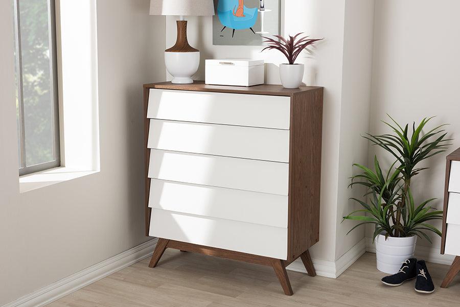 Wholesale Interiors Chest of Drawers - Hildon Mid-Century Modern White and Walnut Wood 5-Drawer Storage Chest