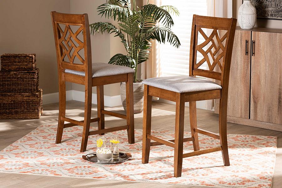 Wholesale Interiors Barstools - Nicolette Contemporary Grey Fabric Upholstered and Walnut Brown Finished Wood 2-Piece