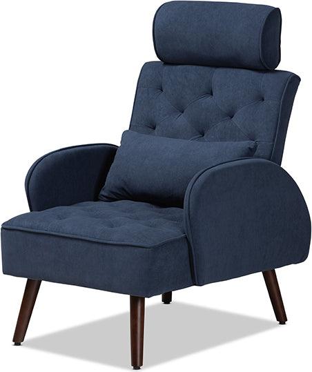 Wholesale Interiors Living Room Sets - Haldis Navy Blue velvet and Walnut Brown Finished Wood 2-Piece Recliner Chair and Ottoman Set