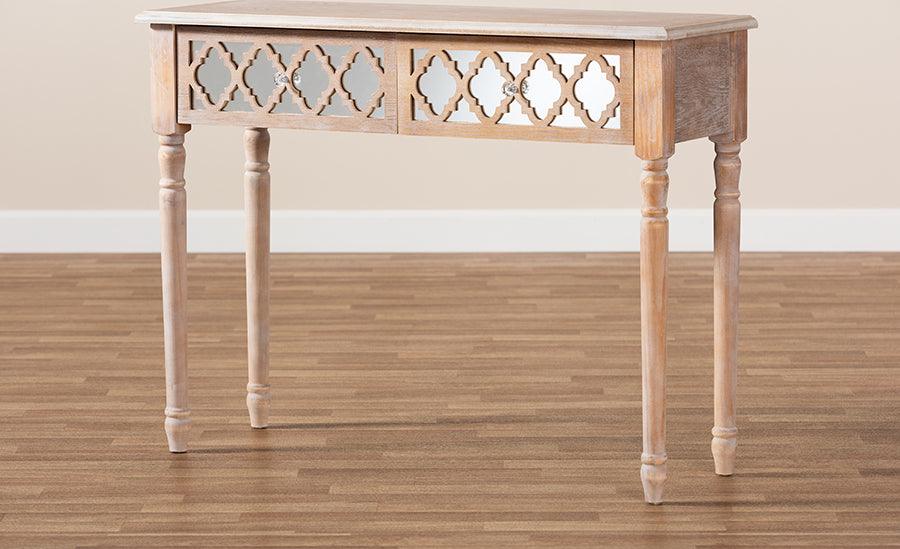 Wholesale Interiors Consoles - Celia Rustic French Country White-Washed Wood and Mirror 2-Drawer Quatrefoil Console Table