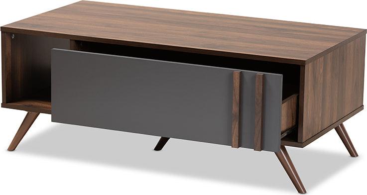 Wholesale Interiors Coffee Tables - Naoki Modern and Contemporary Two-Tone Grey and Walnut Wood 1-Drawer Coffee Table
