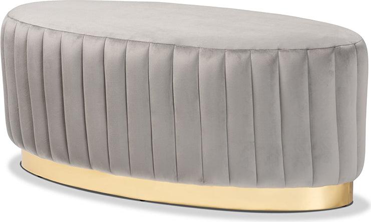 Wholesale Interiors Ottomans & Stools - Kirana Glam and Luxe Grey Velvet Fabric Upholstered and Gold PU Leather Ottoman