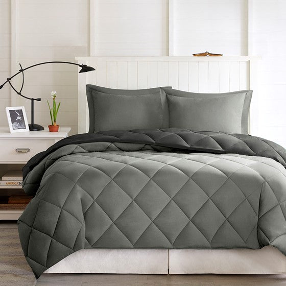 Olliix.com Comforters & Blankets - 3M Scotchgard Diamond Quilting Reversible Down Alternative Comforter Set Black/Grey King