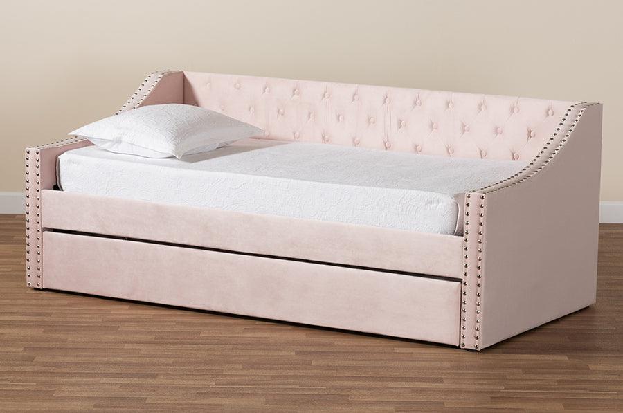 Wholesale Interiors Daybeds - Raphael Pink Velvet Fabric Upholstered Twin Size Daybed with Trundle