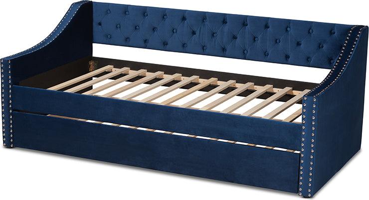 Wholesale Interiors Daybeds - Raphael Navy Blue Velvet Fabric Upholstered Twin Size Daybed with Trundle