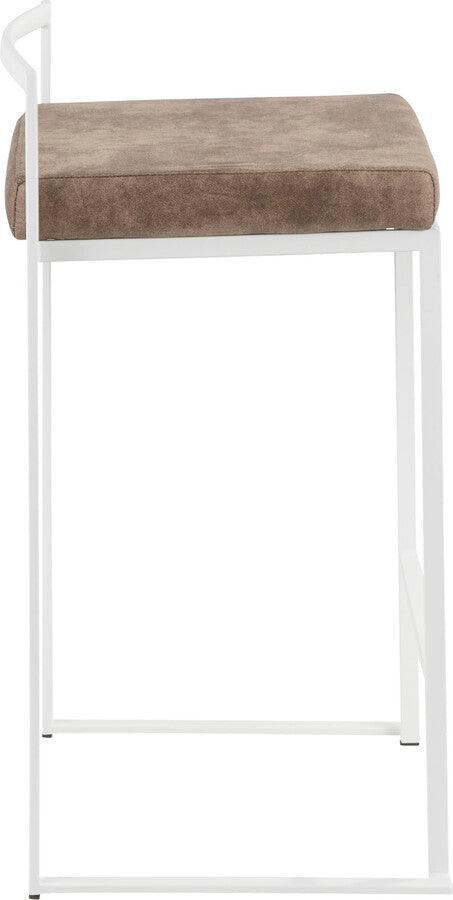 Lumisource Barstools - Fuji Contemporary Stackable Counter Stool in White with Brown Cowboy Fabric Cushion - Set of 2