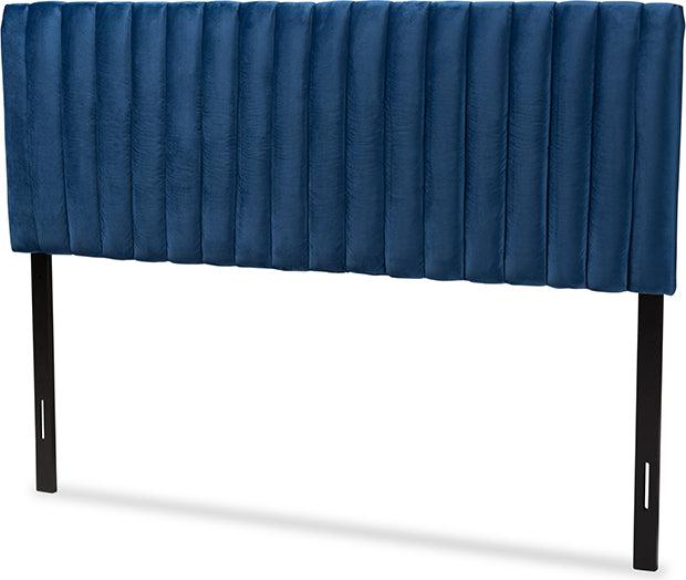 Wholesale Interiors Headboards - Emile Navy Blue Velvet Fabric Upholstered and Dark Brown Finished Wood Full Size Headboard