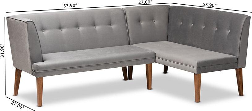 Wholesale Interiors Dining Sets - Stewart Grey Velvet Upholstered and Walnut Brown Finished Wood 2-Piece Dining Nook Banquette Set