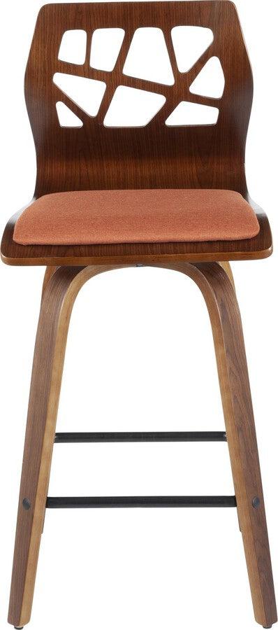 Lumisource Barstools - Folia Mid-Century Modern Counter Stool in Walnut Wood and Orange Fabric - Set of 2