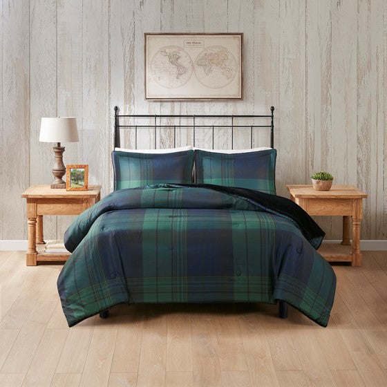 Olliix.com Comforters & Blankets - Faux Wool to Faux Fur Down Alternative Comforter Set Green Plaid Full/Queen