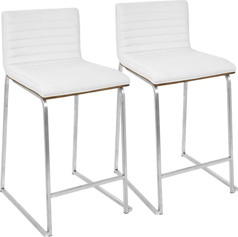 Lumisource Barstools - Mara 26" Contemporary Counter Stool in Brushed Stainless Steel, Walnut Wood, and White Faux Leather