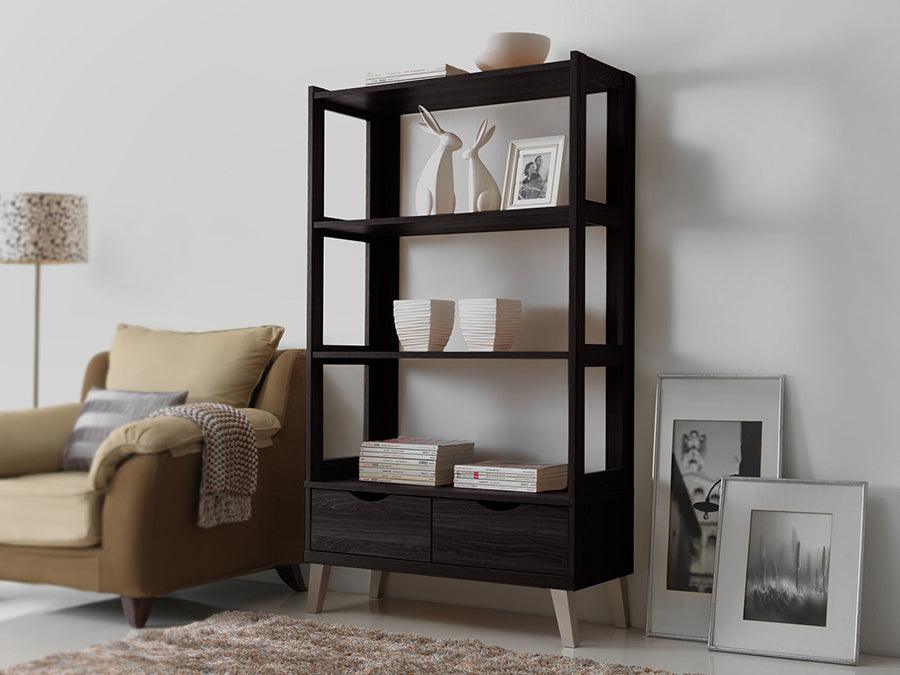 Wholesale Interiors Bookcases & Display Units - Kalien Modern and Contemporary Dark Brown Wood Leaning Bookcase with Display Shelves
