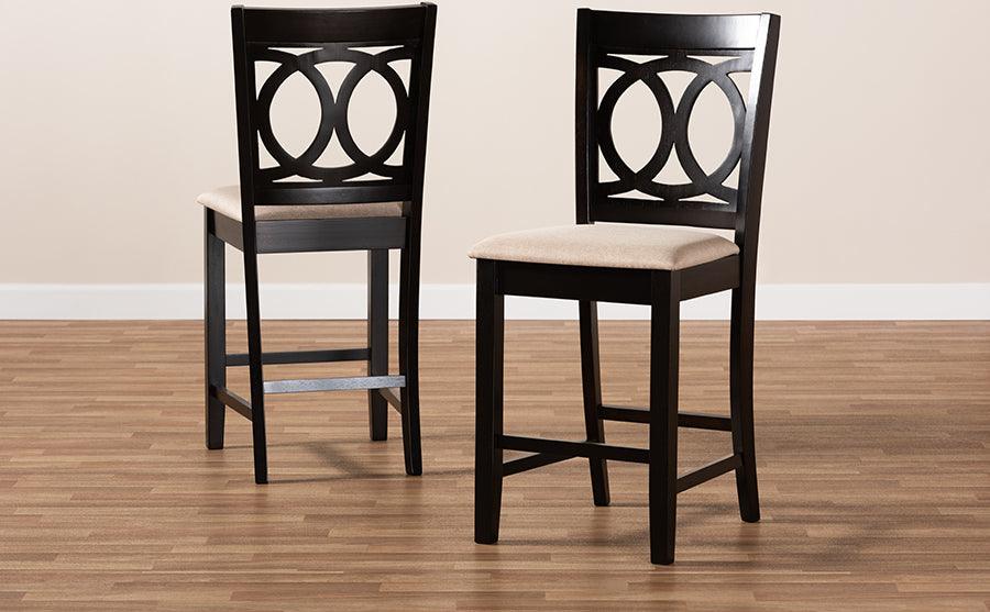 Wholesale Interiors Barstools - Lenoir Contemporary Sand Fabric Brown Wood Counter Height Pub Chair Set of 2