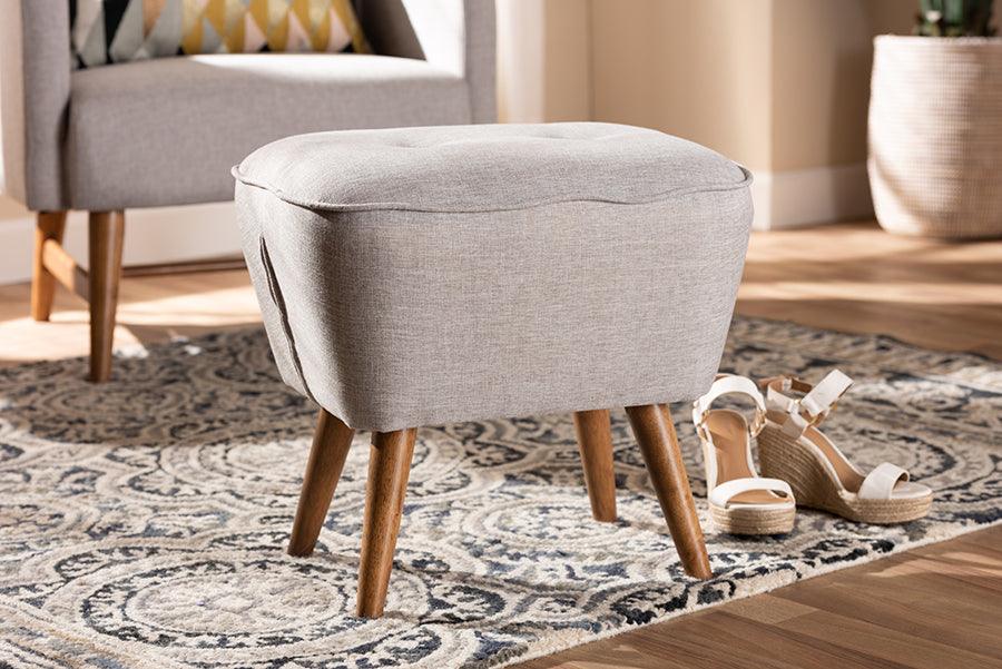 Wholesale Interiors Ottomans & Stools - Petronelle Greyish Beige Walnut Brown Finished Wood Ottoman