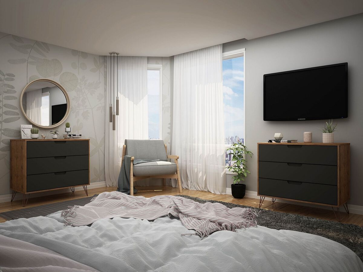 Manhattan Comfort Bedroom Sets - Rockefeller 3-Drawer Nature & Textured Gray Dresser (Set of 2)