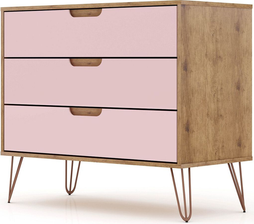 Manhattan Comfort Dressers - Rockefeller Mid-Century- Modern Dresser with 3- Drawers in Nature & Rose Pink