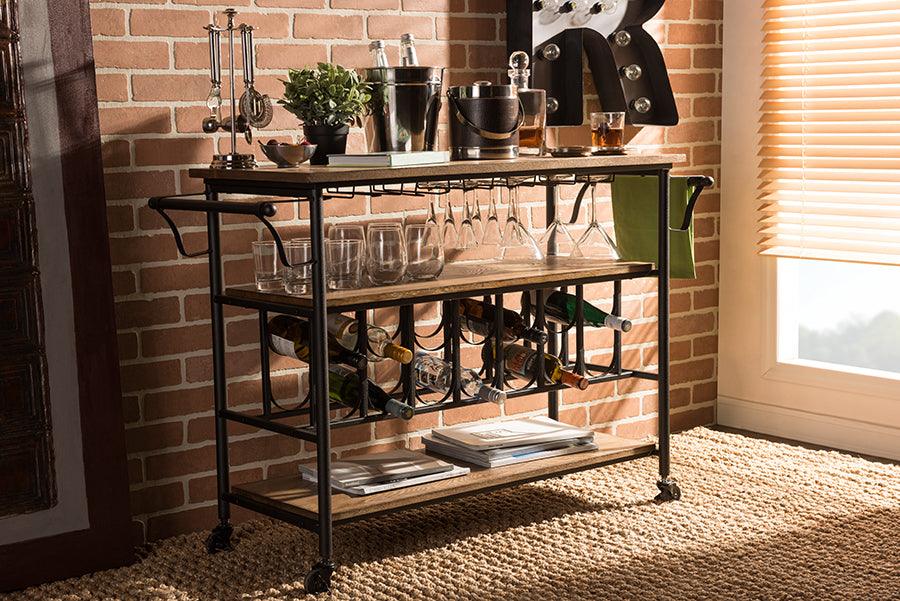 Wholesale Interiors Kitchen & Bar Carts - Bradford Antique Black Textured Finish Metal Distressed Wood Mobile Kitchen Bar Serving Wine Cart