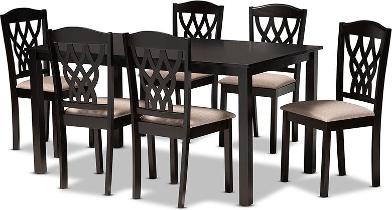 Wholesale Interiors Dining Sets - Salem Sand Fabric Upholstered and Dark Brown Finished Wood 7-Piece Dining Set