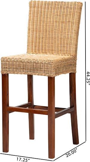 Wholesale Interiors Barstools - Racquel Modern Bohemian Natural Rattan And Mahogany Wood Bar Stool