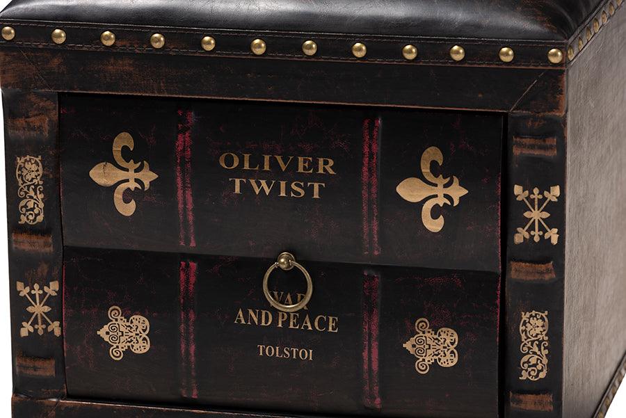 Wholesale Interiors Ottomans & Stools - Charlier Inspired Dark Brown Faux Leather Upholstered Wood Storage Ottoman With Book Spine Drawer