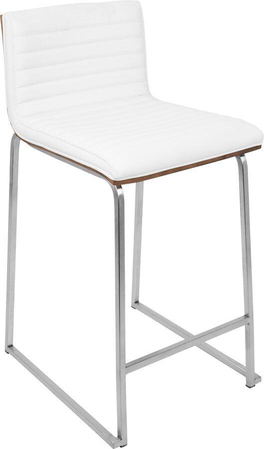 Lumisource Barstools - Mara 26" Contemporary Counter Stool in Brushed Stainless Steel, Walnut Wood, and White Faux Leather