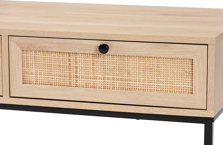 Wholesale Interiors Coffee Tables - Amelia Mid-Century Natural Brown Finished Wood and Natural Rattan 2-Drawer Coffee Table