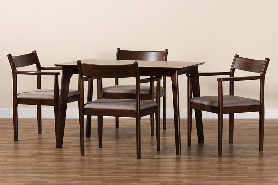 Wholesale Interiors Dining Sets - Coretta Mid-Century Modern Warm Grey Fabric and Dark Brown Finished Wood 5-Piece Dining Set