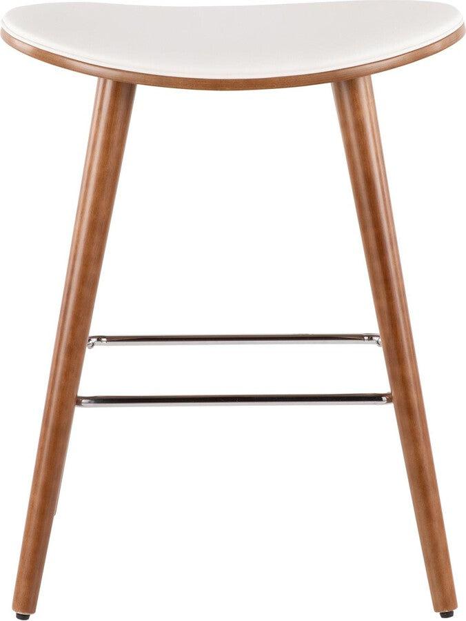 Lumisource Barstools - Saddle 26" Mid-Century Modern Counter Stool in Walnut & White Faux Leather - Set of 2