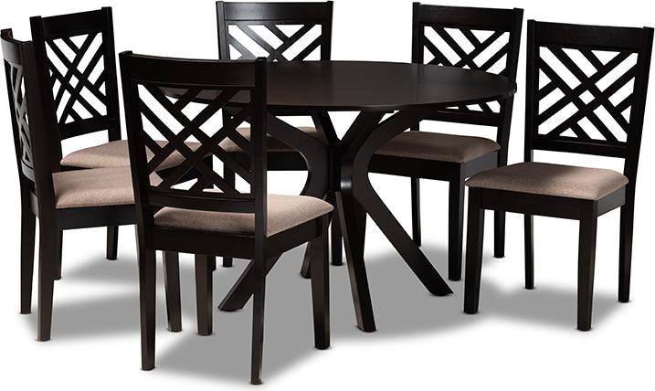 Wholesale Interiors Dining Sets - Norah Sand Fabric Upholstered and Dark Brown Finished Wood 7-Piece Dining Set